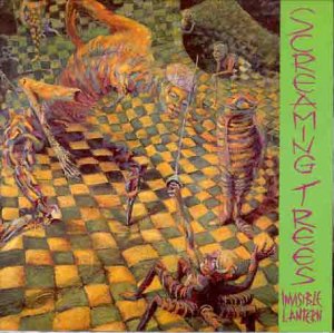 Surreal painting of figures on a checkered floor with green text on the side.