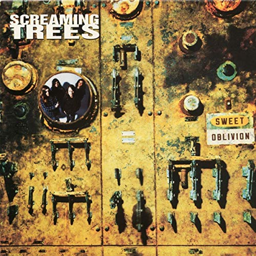 Album cover for 'Sweet Oblivion' by Screaming Trees. The image is a grungy, rusty metal surface with visible bolts and a grimy texture. The band's name is prominently displayed, along with the album title.
