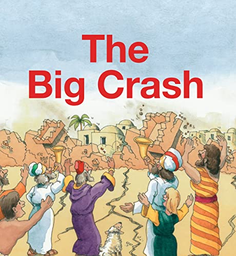 People with trumpets watch city walls crumble in a biblical scene.