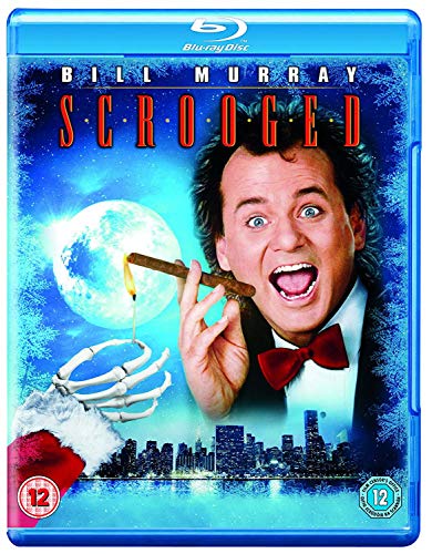 “Scrooged” Blu-ray cover featuring Bill Murray with a skeletal hand and city skyline.