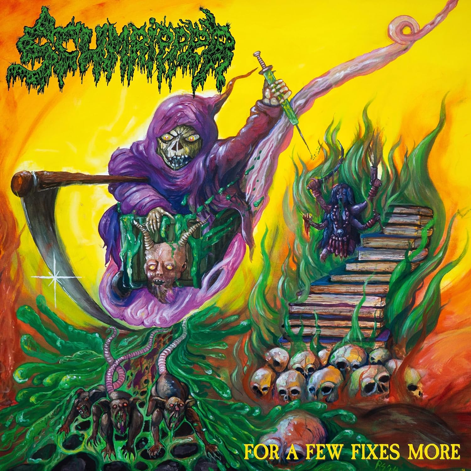 A hooded skeleton holding a syringe rides a scythe over green slime and skulls.