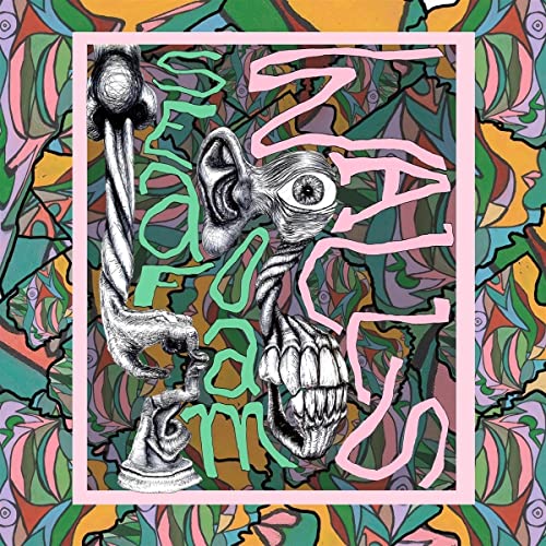 Surrealist album cover with distorted face and colorful, patterned background.