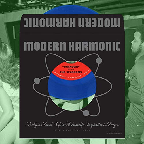 "Blue vinyl record sleeve with red label and atom design on black background."