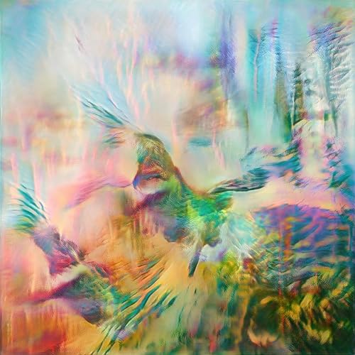 Abstract colorful painting of a bird in flight, album cover art.
