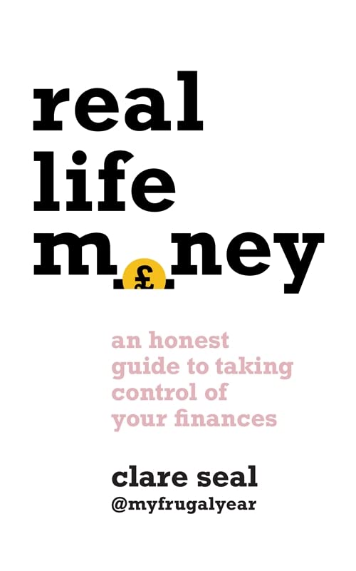 Book cover: "Real Life Money" by Clare Seal, with bold text and pink accents.