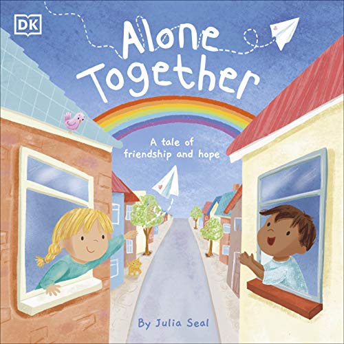 Book cover: colorful houses, children at windows, paper airplane, rainbow.