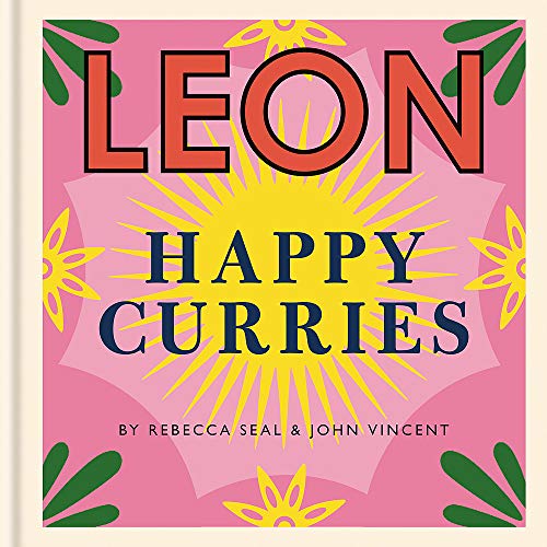 Book cover with pink background, yellow sunburst, and text reading Leon Happy Curries.