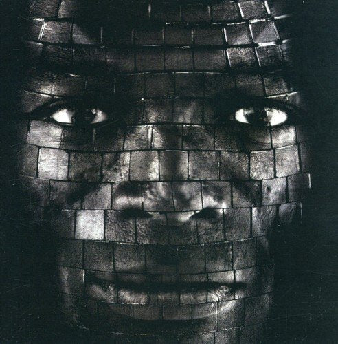 Black and white close-up of a face composed of small squares.