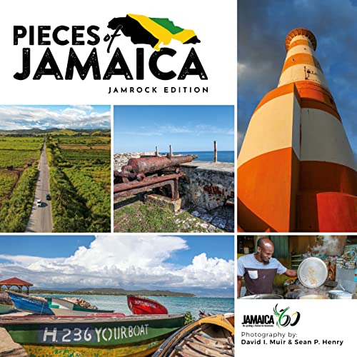 Collage of Jamaican landscapes, boats, a lighthouse, and street scenes.