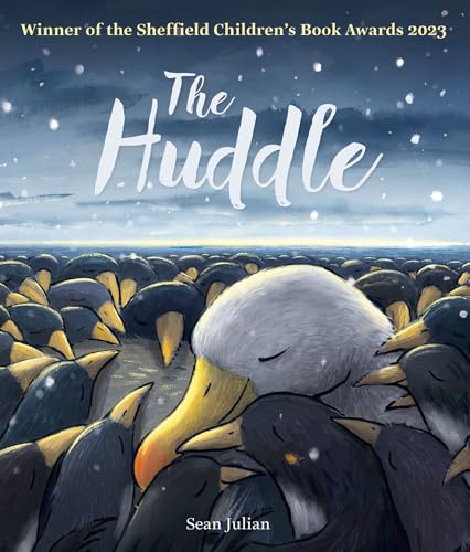 Book cover: a large group of penguins huddled together in the snow.