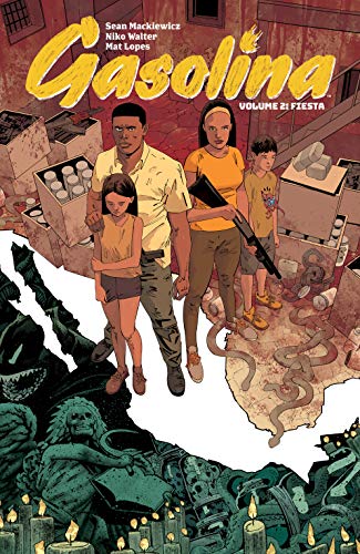 Comic book cover: family walking amidst debris and shadowy figures.
