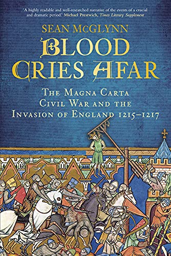 Book cover: "Blood Cries Afar" depicting medieval battle scene and architecture.