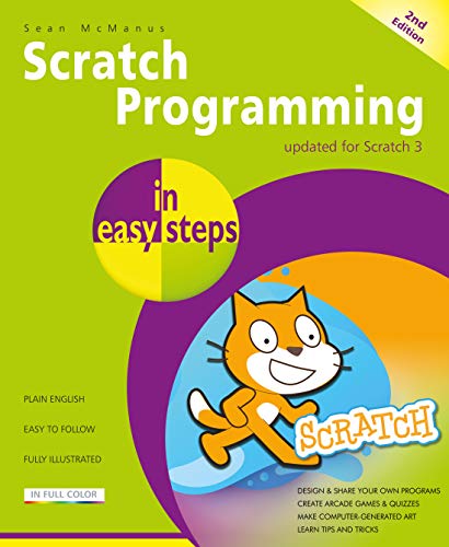 Book cover: “Scratch Programming in easy steps”, featuring a cartoon cat.