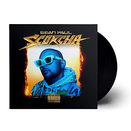 Sean Paul's "Scorcha" vinyl record with artist portrait and flames.