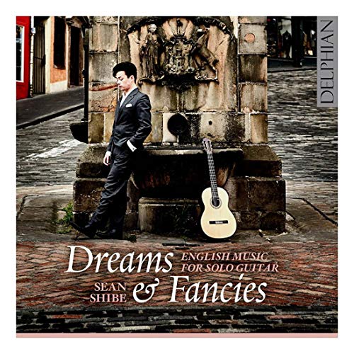 CD cover: Sean Shibe leans against a stone fountain with a guitar.