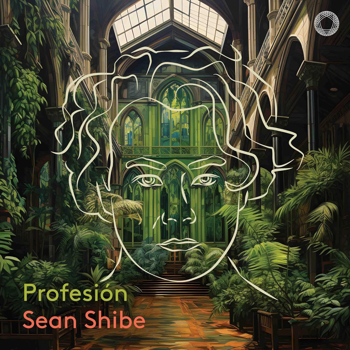 CD cover for Sean Shibe’s “Profesión” featuring a face in a cathedral.