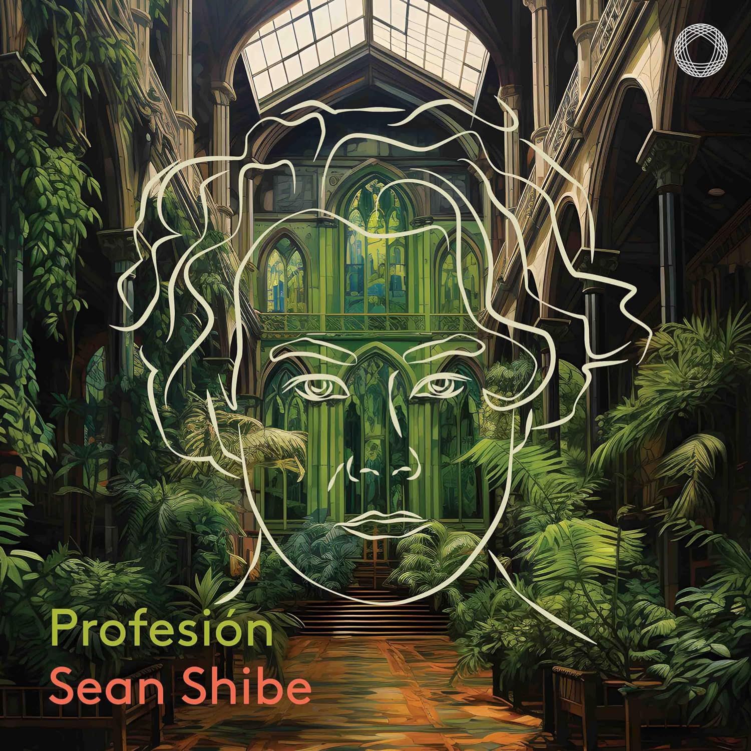 CD cover for Sean Shibe’s “Profesión” featuring a face in a cathedral.