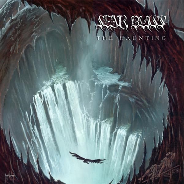 Dark cave painting with waterfalls, a bird, and band title "Sear Bliss".