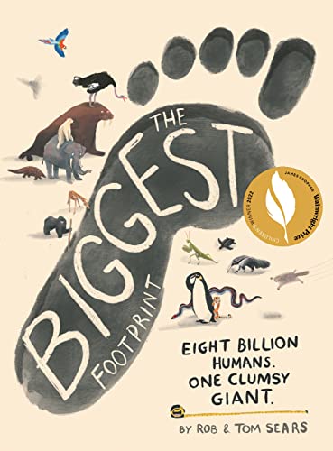 Large grey footprint with animals inside, book cover for "The Biggest Footprint.