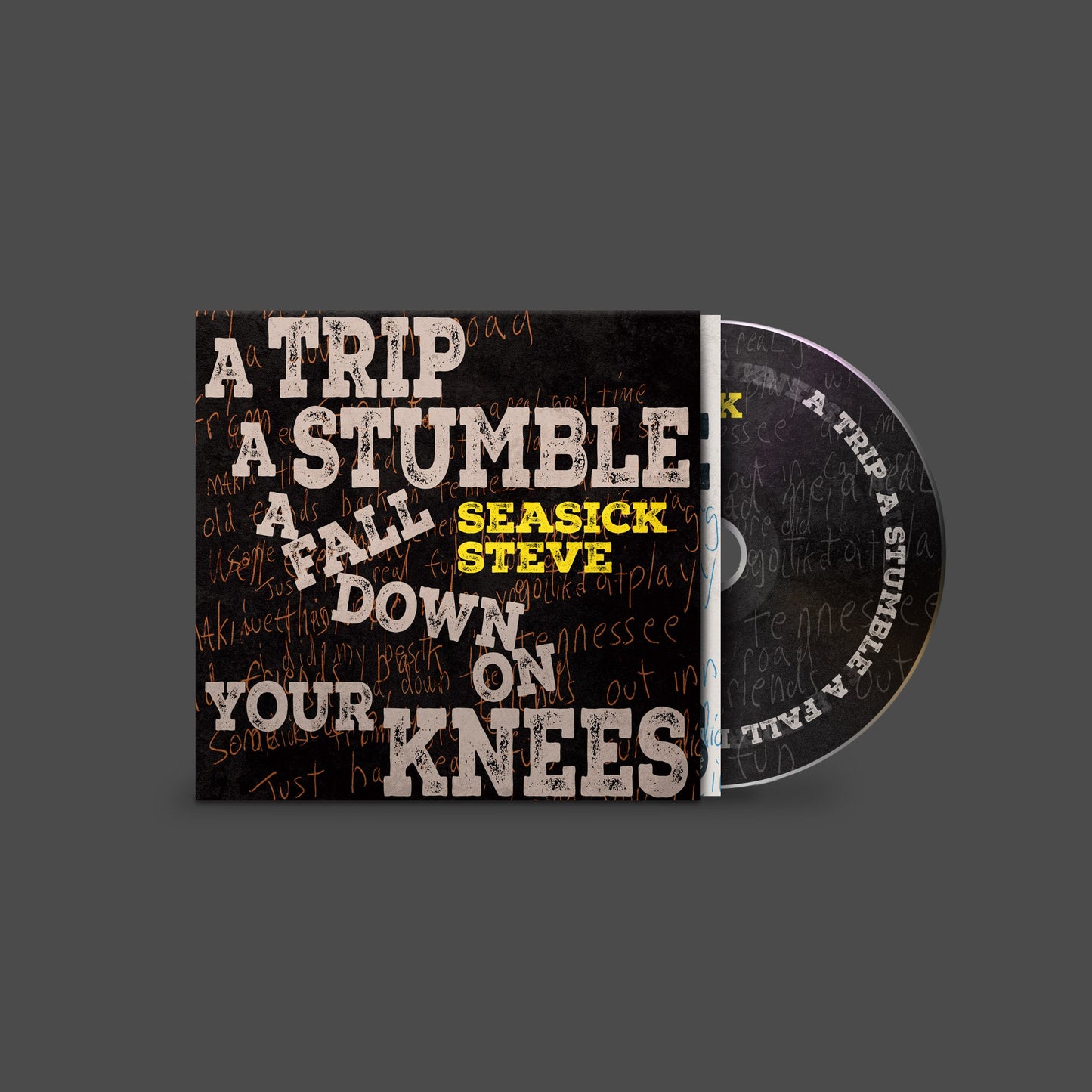 Seasick Steve album cover with large white and yellow text on a black background.
