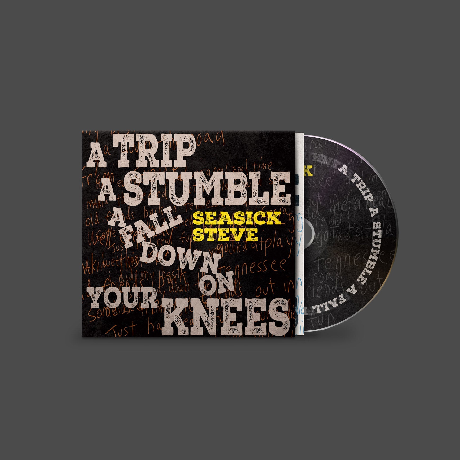 Seasick Steve album cover with large white and yellow text on a black background.