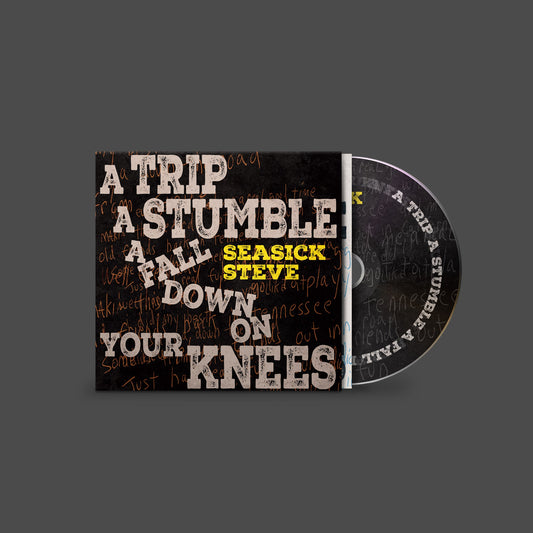 Seasick Steve album cover with large white and yellow text on a black background.