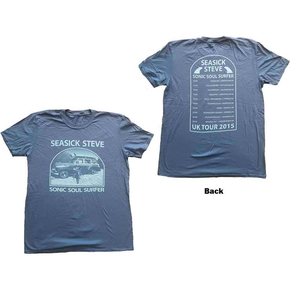 Gray t-shirt with "Seasick Steve" and a vintage car graphic on the front.