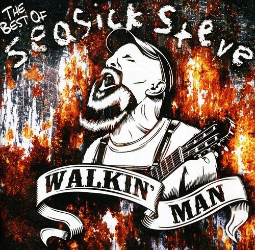"Album cover featuring a man with a guitar, surrounded by flames and banner text."