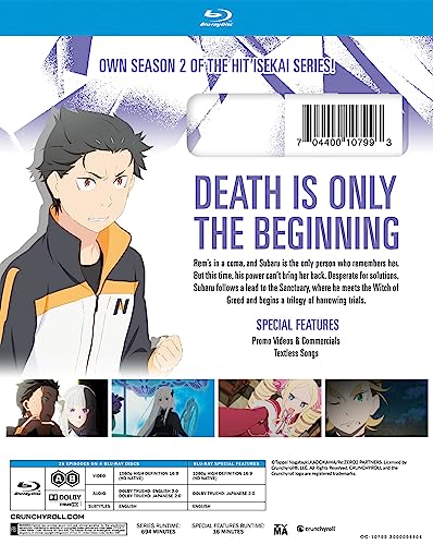 Back cover of Re:Zero Season 2 Blu-ray featuring Subaru Natsuki and series information.