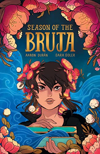 Book cover: young woman with flowers, titled "Season of the Bruja".