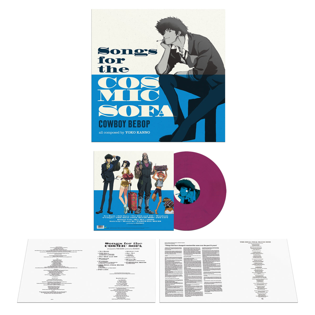 Cowboy Bebop vinyl album cover, inner sleeve with characters, and a purple vinyl record.