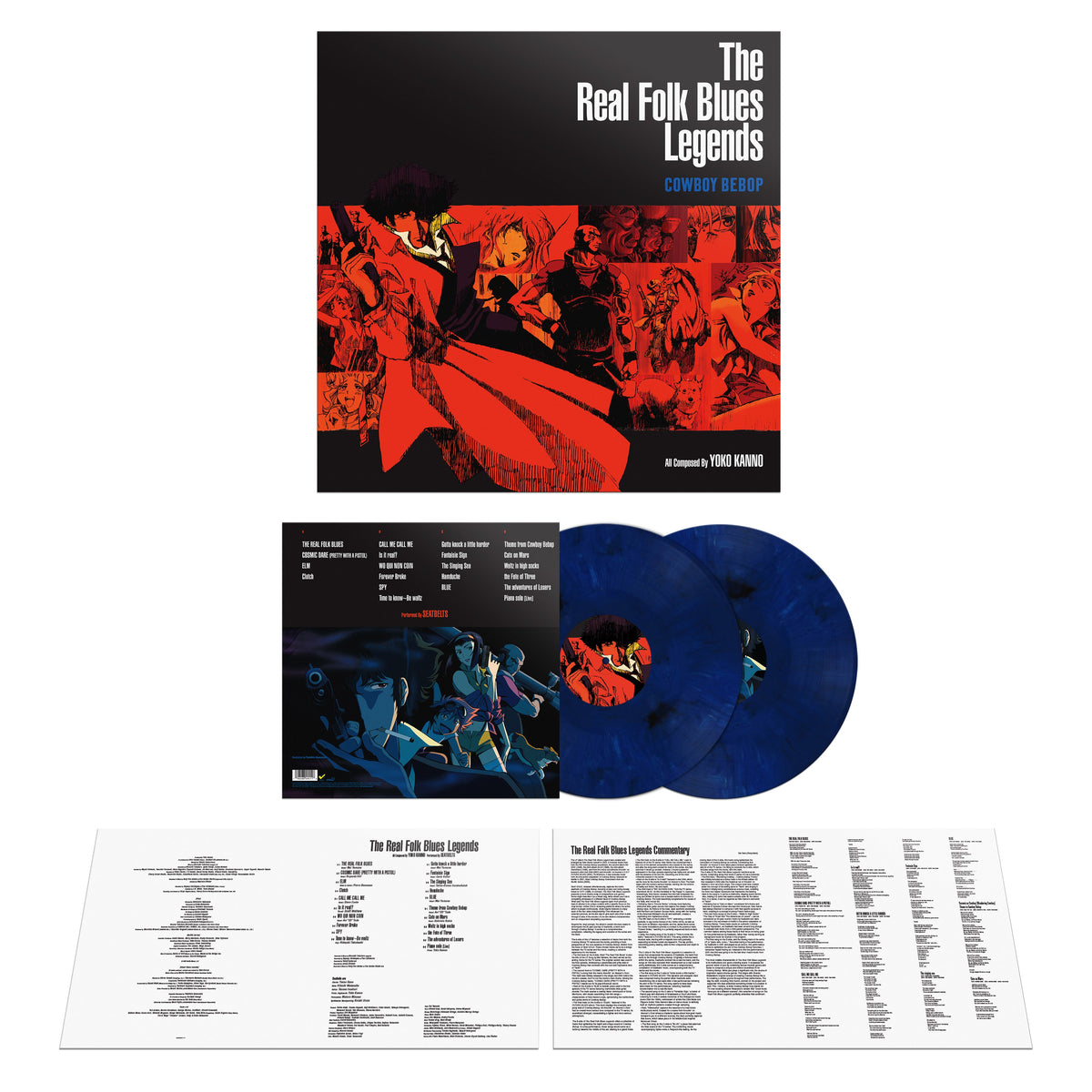 Cowboy Bebop vinyl record set featuring character art, tracklists, and two blue marbled discs.