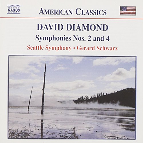 "CD cover with serene lake scene and 'DAVID DIAMOND Symphonies Nos. 2 and 4' text."