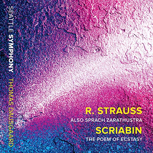 CD cover with abstract pink and blue paint textures, composer names listed.