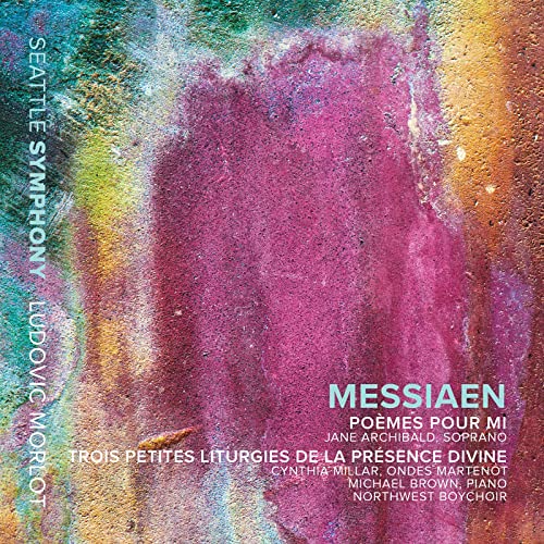 CD cover for Seattle Symphony’s Messiaen recording with abstract pink and purple art.