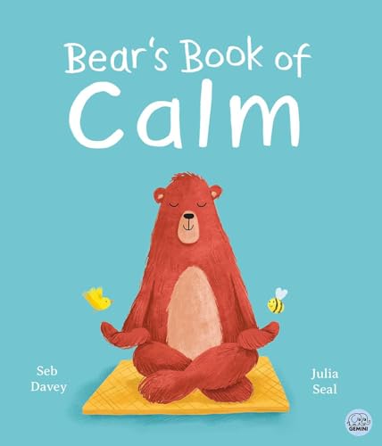 Red cartoon bear meditating on a yellow mat with two bees.