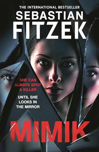 Book cover for “Mimik” featuring a woman’s face fractured by broken glass.