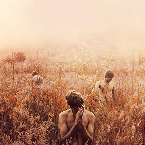 Three nude figures in a hazy, overgrown field.
