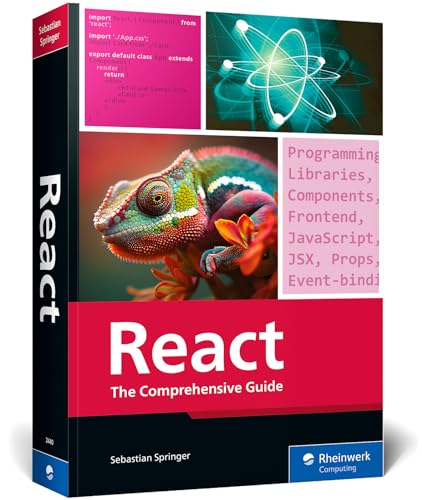 Book cover: "React" with a chameleon and code snippets.