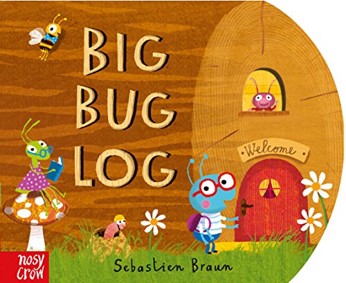 Book cover with colorful cartoon bugs around a log home.