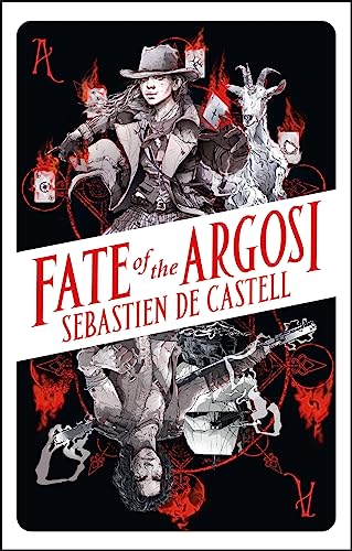 Book cover with figures, a goat, and card suit imagery in red and white.