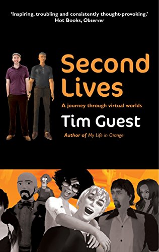 Book cover: "Second Lives" featuring real and virtual people, orange background.