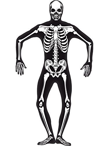 "Black stretchy skeleton costume with white bones printed on a full-body suit."