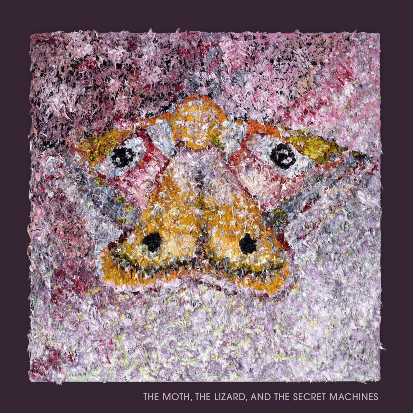 Abstract painting of a yellow animal face with dark eyes on a pink background.