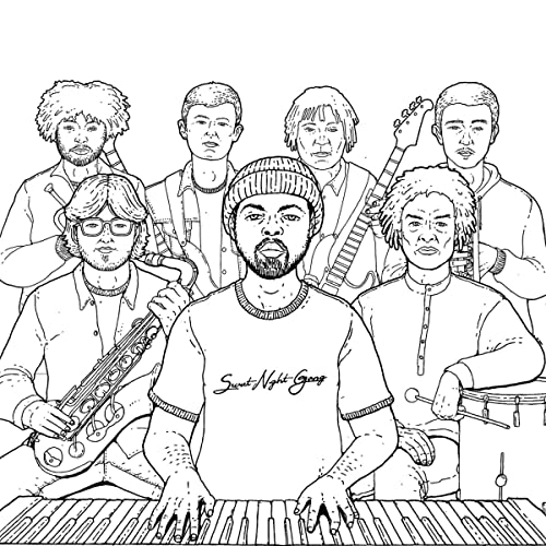 Black and white line drawing of a seven-piece band playing various musical instruments.