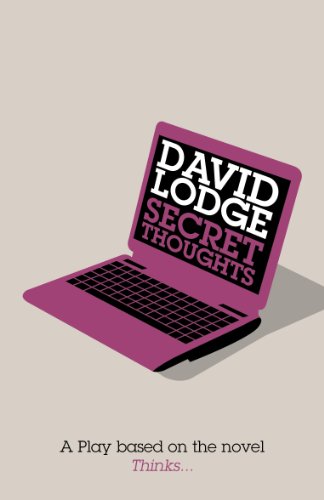 Pink laptop with text "David Lodge Secret Thoughts" on screen.