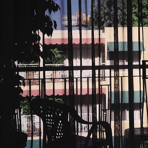 Building viewed through a metal gate and sheer curtains.