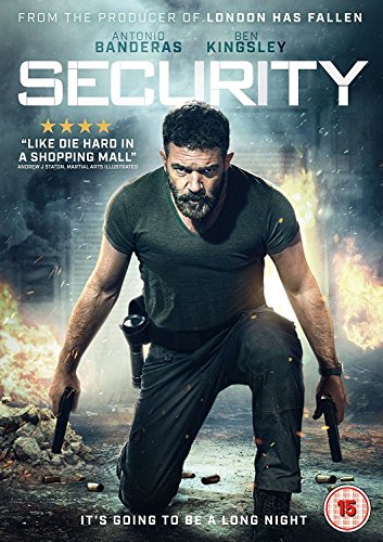 Antonio Banderas crouches with guns in a fiery, action-themed Security DVD cover art.