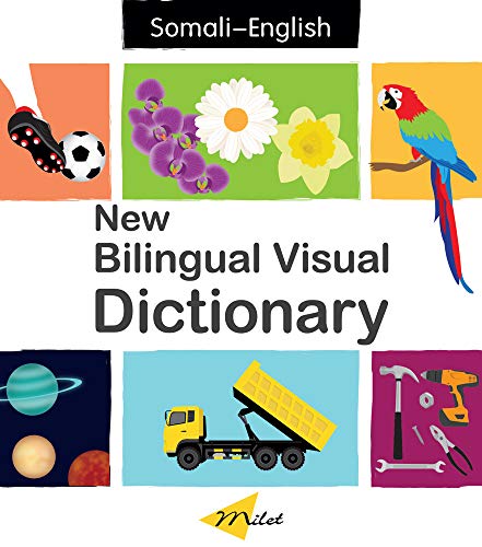 Bilingual English-Somali visual dictionary cover with colorful illustrated objects.