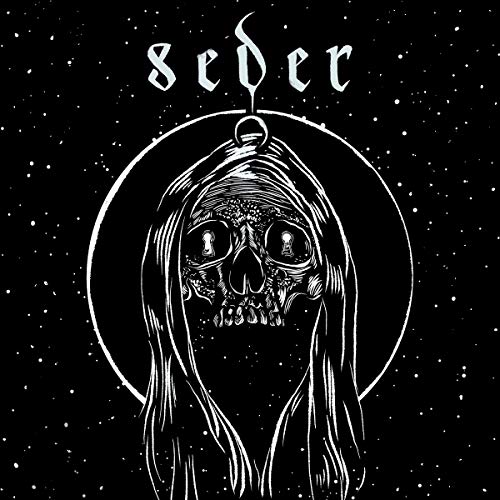 White line art of a skull with long hair, against a black starry background.